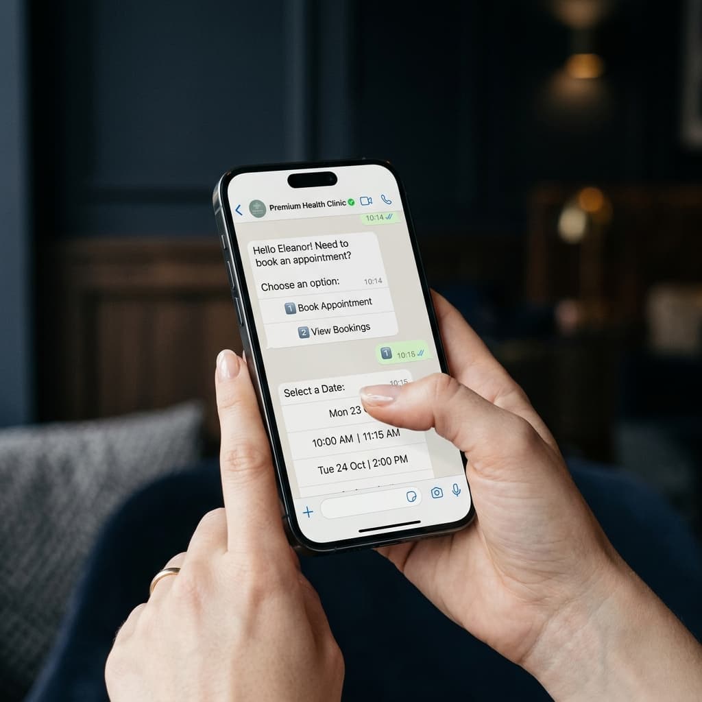 Patient scheduling appointment via WhatsApp on smartphone